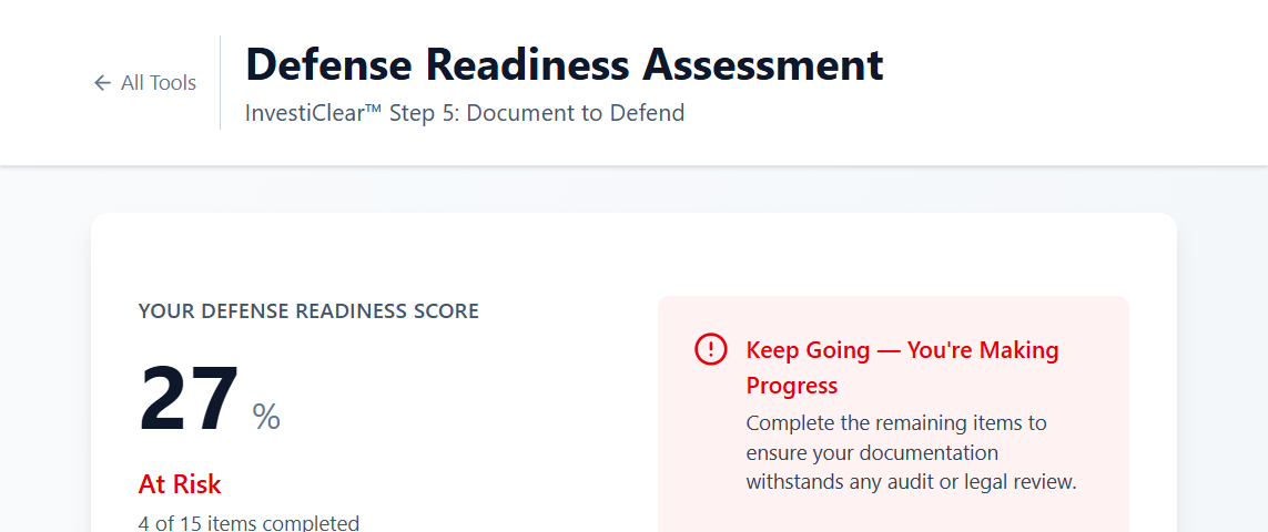 Defense Readiness Assessment — sample score showing 27% At Risk